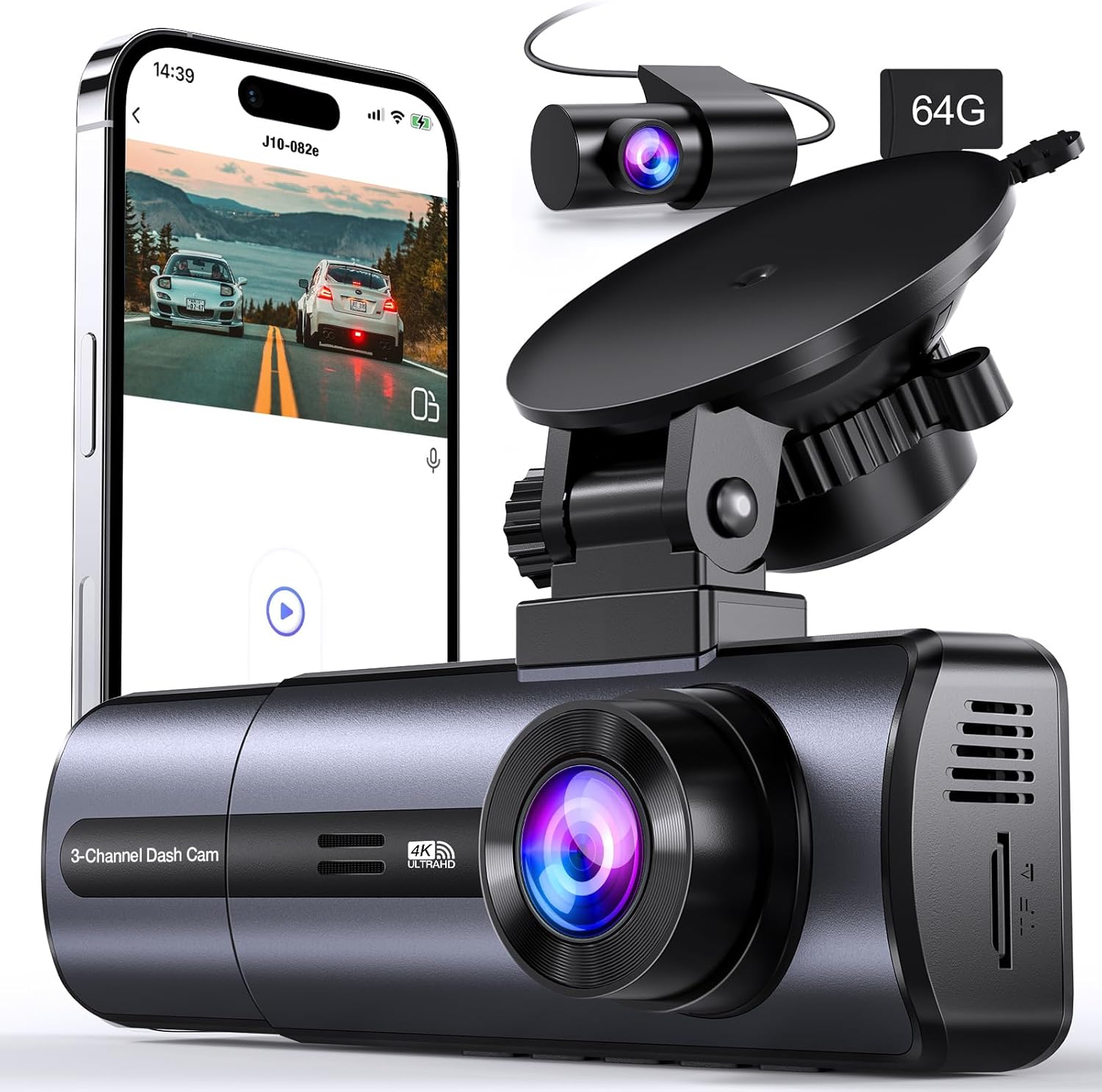 Tuisau 3-Channel 4K WiFi Dash Cam mounted on windshield with front and rear cameras plus included 64 GB microSD card.