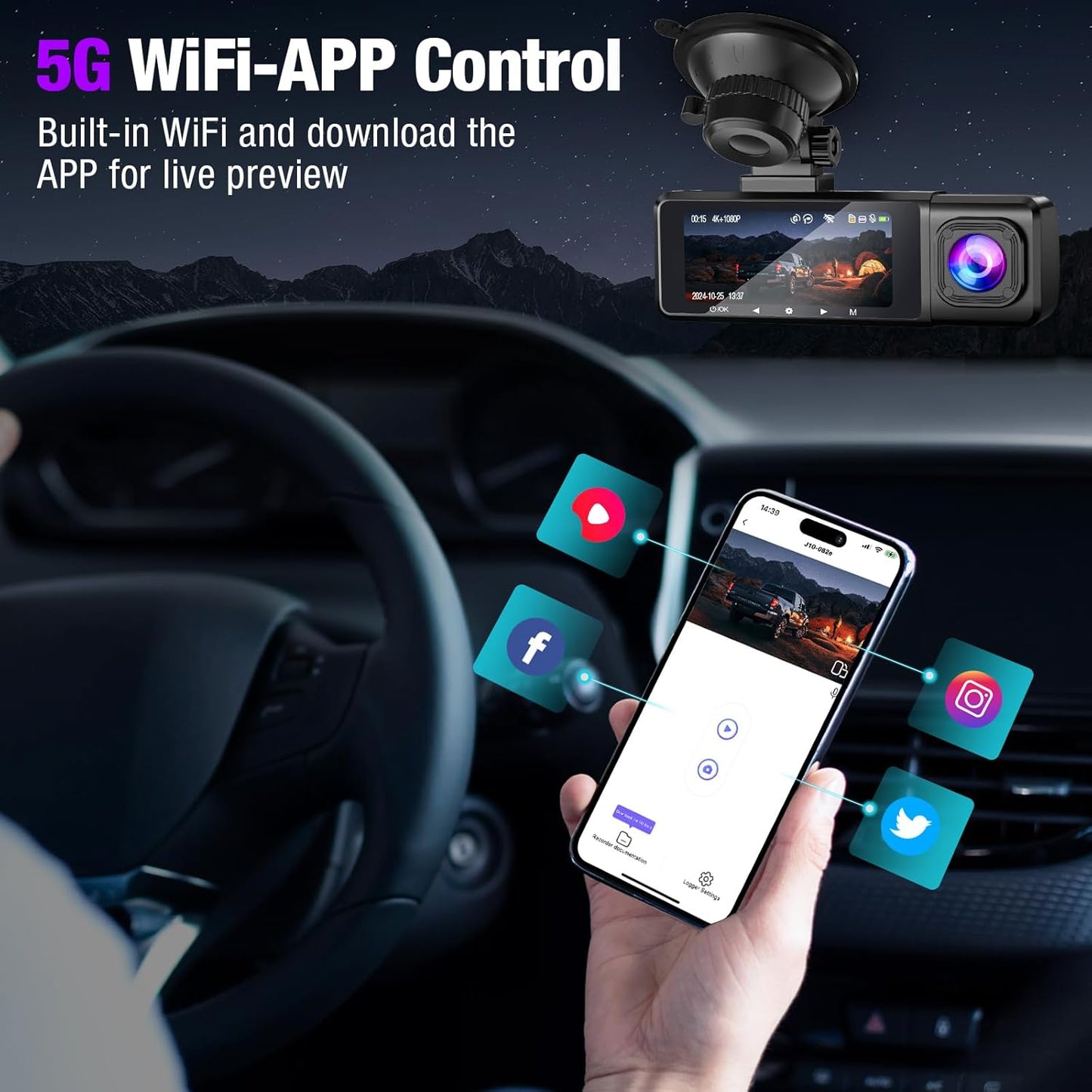 Tuisau 5G WiFi-App Control dash cam live preview on smartphone in car with social media icons – wireless dash cam connectivity.