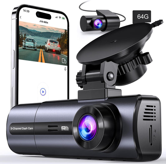 Tuisau 3-Channel 4K WiFi Dash Cam mounted on windshield with front and rear cameras plus included 64 GB microSD card.