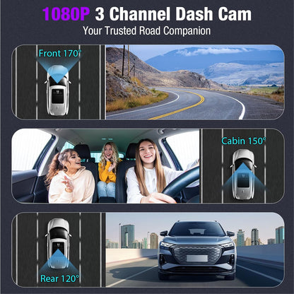 Tuisau 1080P 3-Channel Dash Cam infographic showing 170° front, 150° cabin and 120° rear wide-angle coverage.