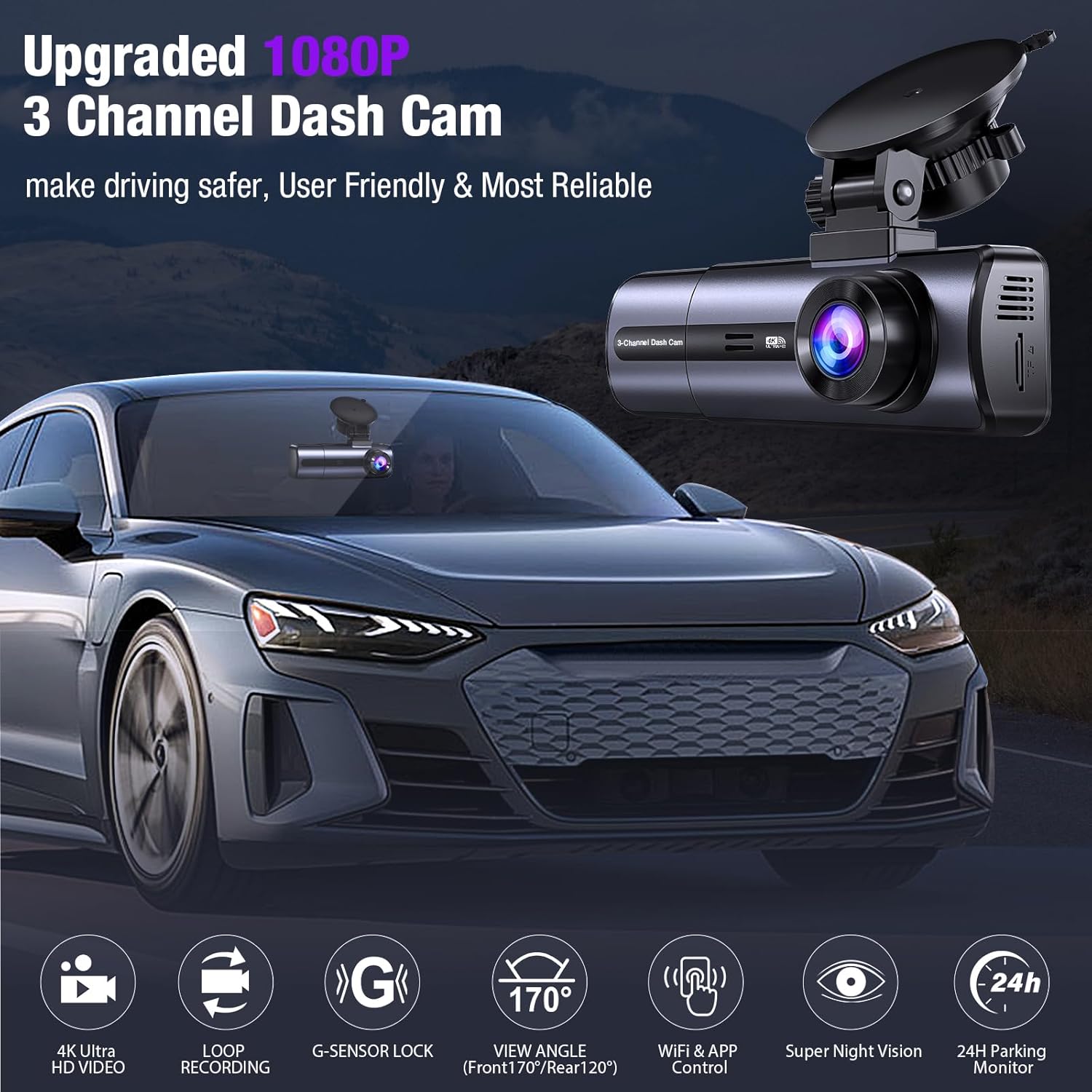 Tuisau dash cam installed on car windshield with icons for 4K Ultra HD video, loop recording, G-sensor lock, WiFi app control, night vision and 24 h parking monitor.
