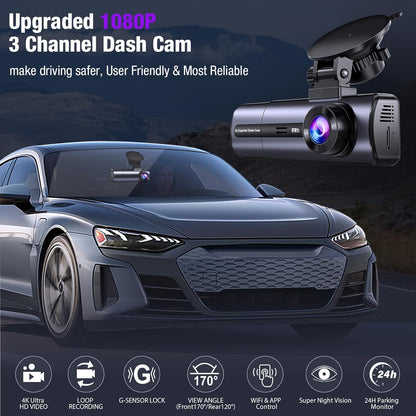 Tuisau dash cam installed on car windshield with icons for 4K Ultra HD video, loop recording, G-sensor lock, WiFi app control, night vision and 24 h parking monitor.