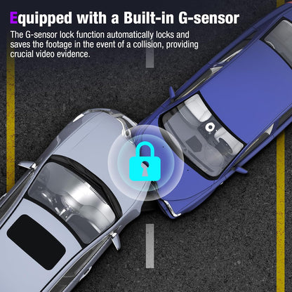 Tuisau Built-in G-sensor collision lock graphic illustrating automatic footage protection during impact.