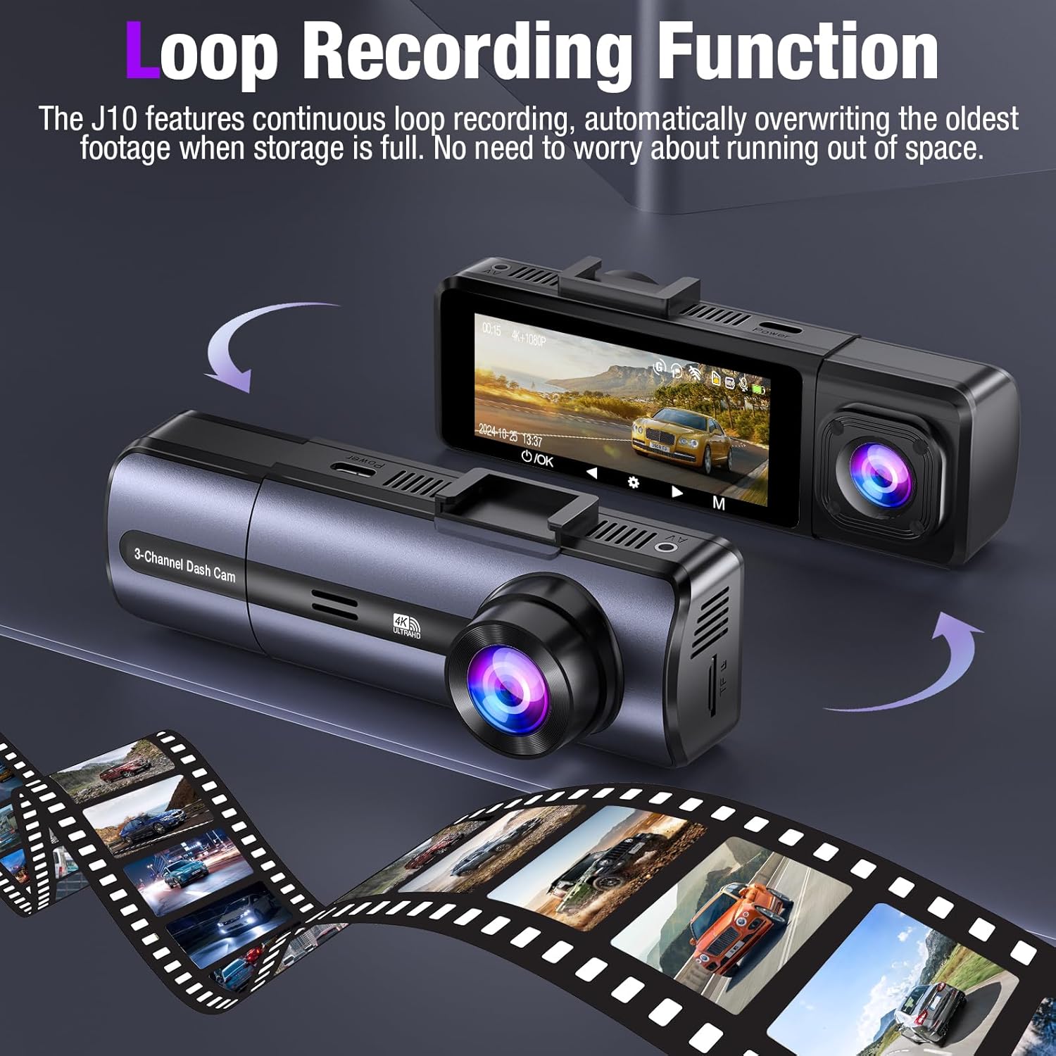 Tuisau 3-Channel Dash Cam Loop Recording Function with rotating screen and continuous overwrite film strip graphic – dash cam loop recording.