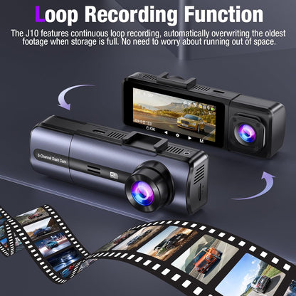 Tuisau 3-Channel Dash Cam Loop Recording Function with rotating screen and continuous overwrite film strip graphic – dash cam loop recording.