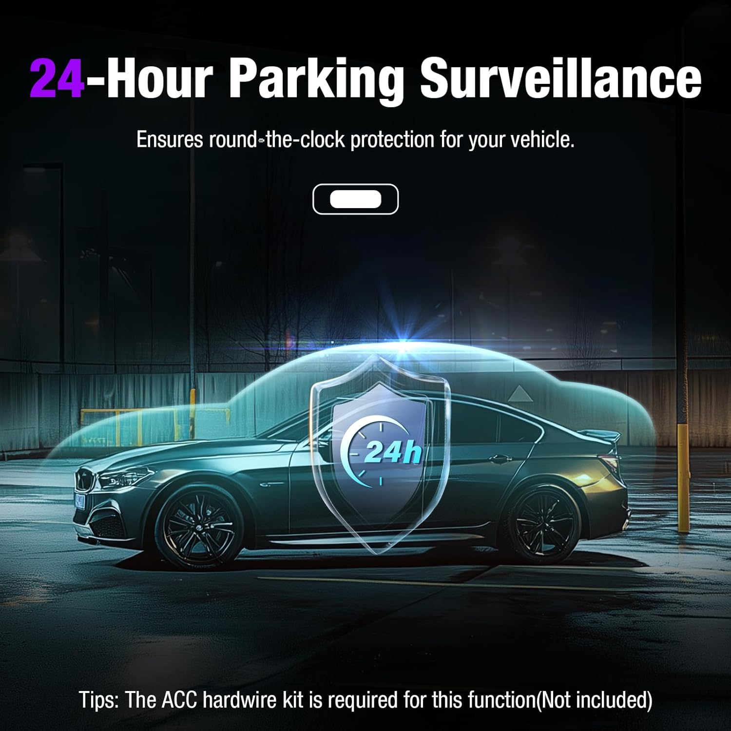 Tuisau 3-Channel Dash Cam 24-Hour Parking Surveillance graphic with parked car silhouette and shield icon – round-the-clock dash cam monitoring.