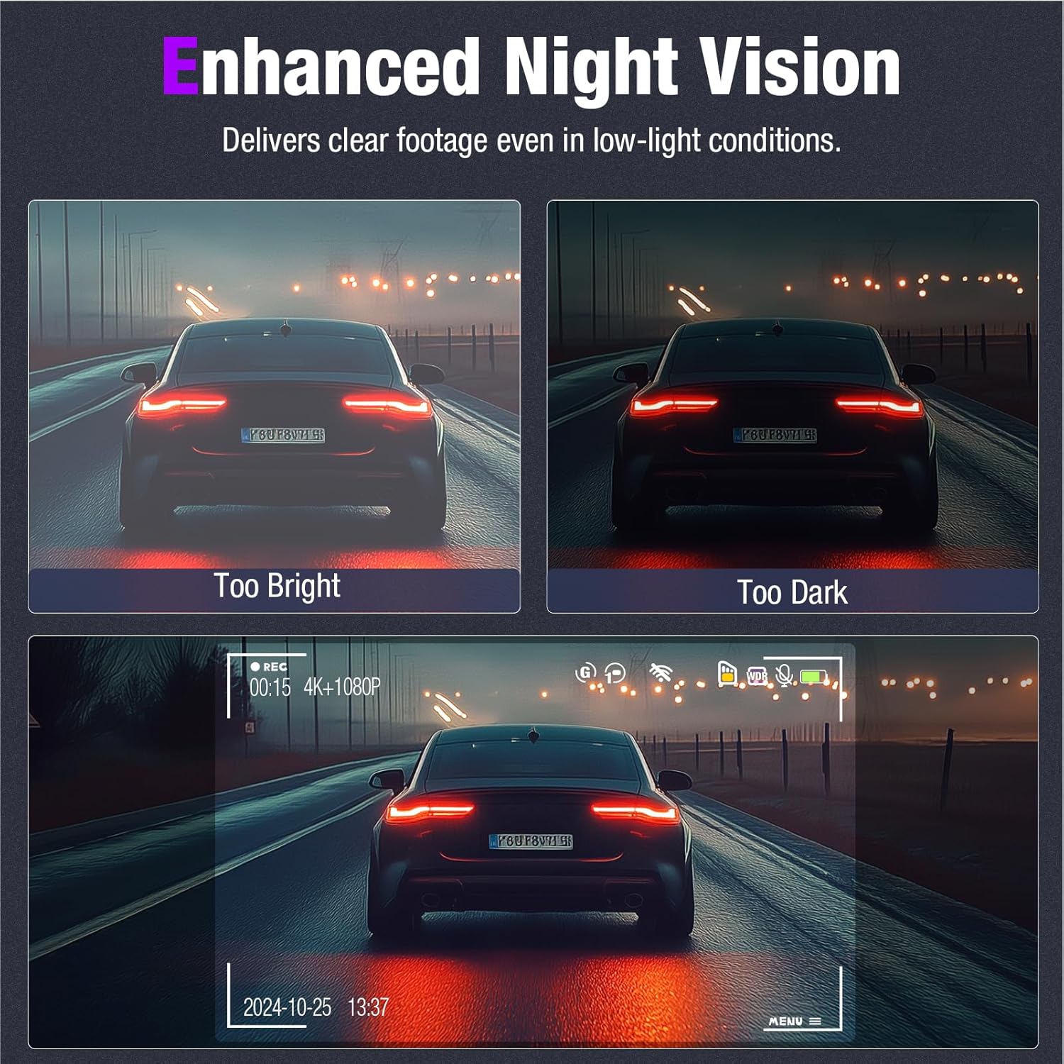 Tuisau 4K Dash Cam Enhanced Night Vision comparison showing too bright vs too dark low-light footage and balanced clear view.