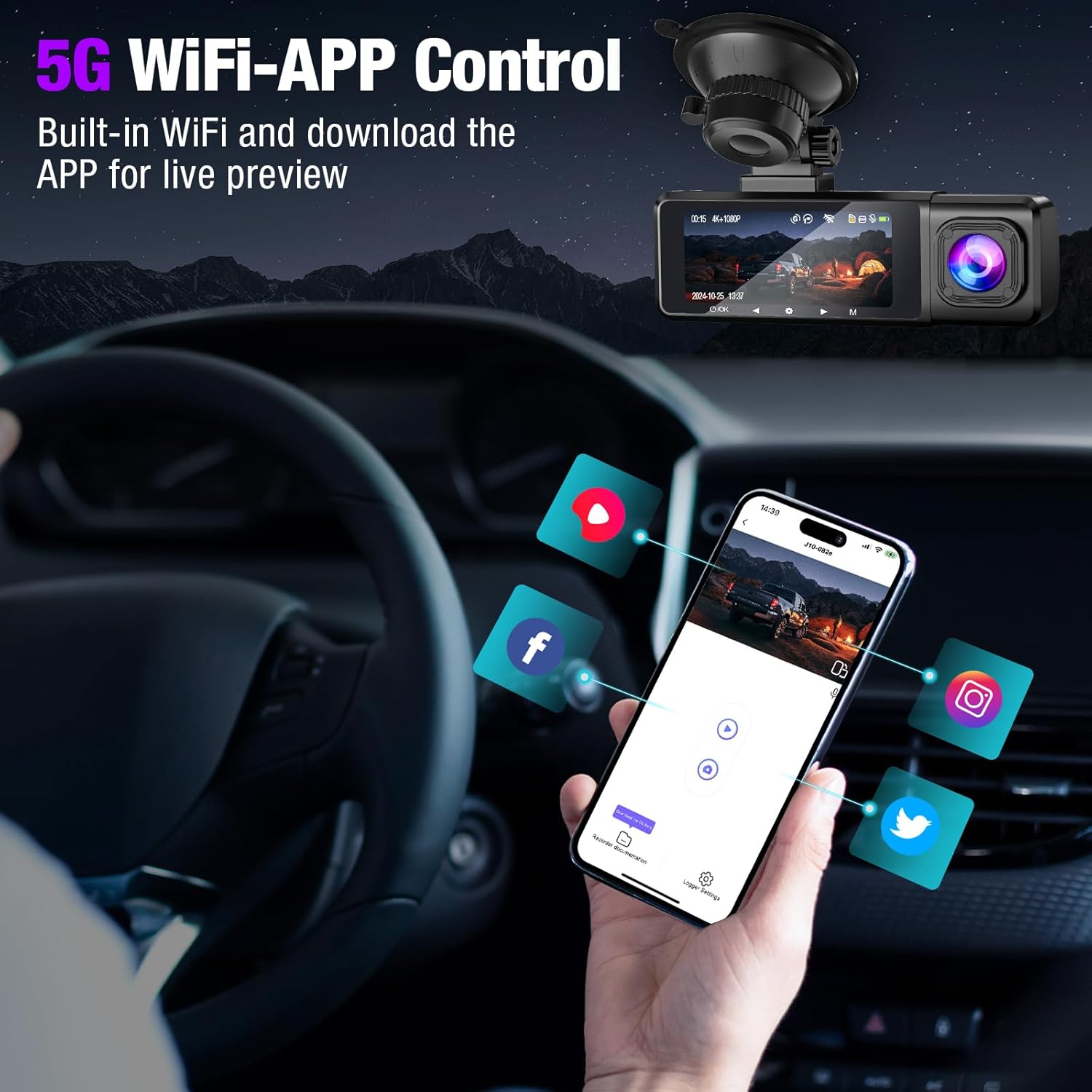 Tuisau 5G WiFi-App Control dash cam live preview on smartphone in car with social media icons – wireless dash cam connectivity.