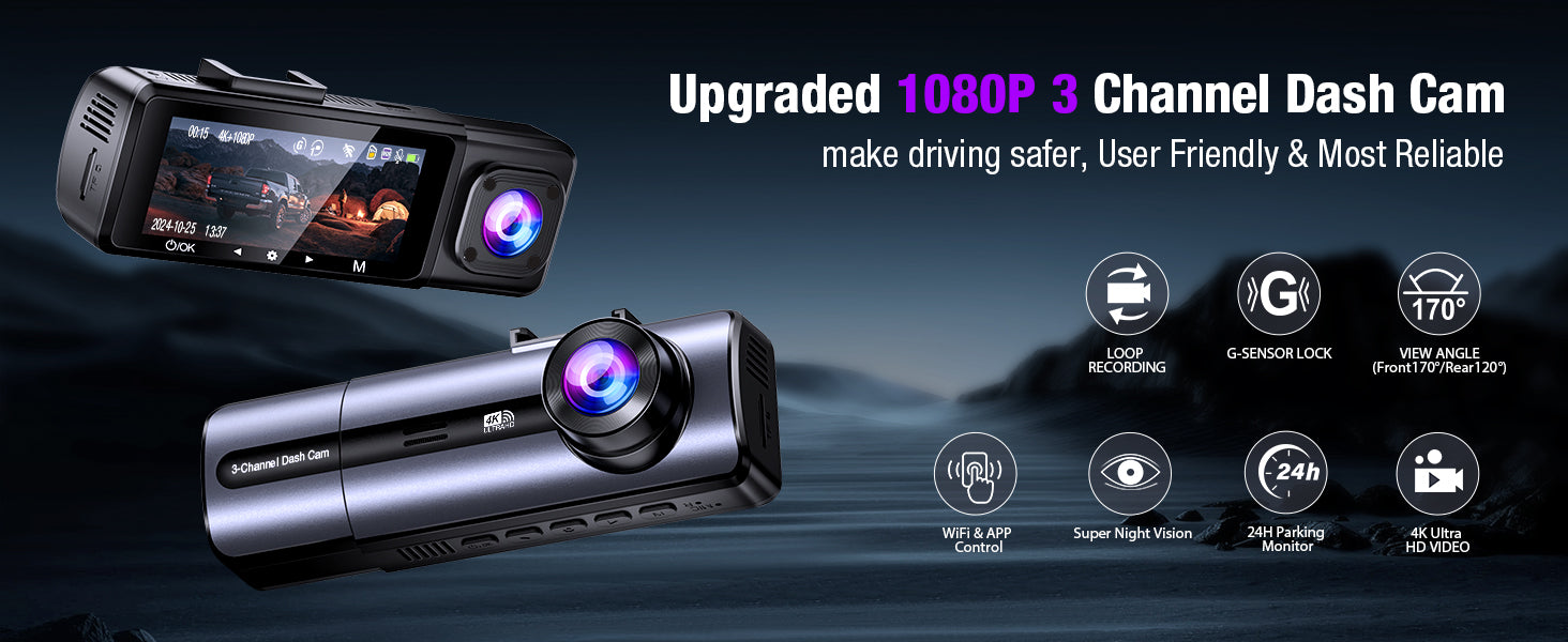 Tuisau Upgraded 1080P 3-Channel Dash Cam banner with icons for loop recording, G-sensor lock, 170° front/120° rear view angle, WiFi app control, super night vision, 24h parking monitor, and 4K Ultra HD video.