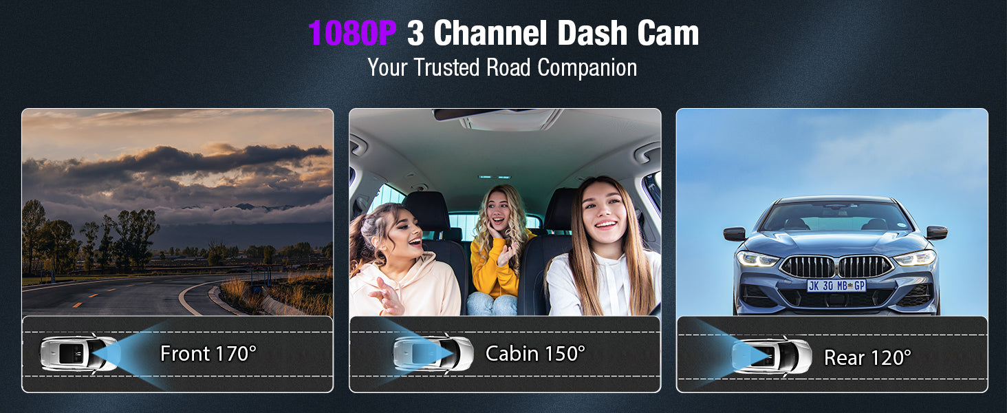 Tuisau 1080P 3-Channel Dash Cam coverage diagram showing 170° front view, 150° cabin view, and 120° rear view for complete driver monitoring.