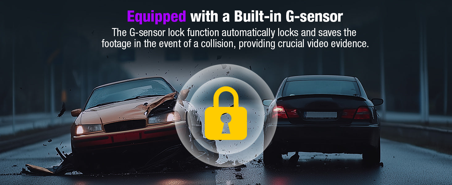 Tuisau built-in G-sensor lock graphic illustrating automatic collision detection and secure footage protection during impacts.