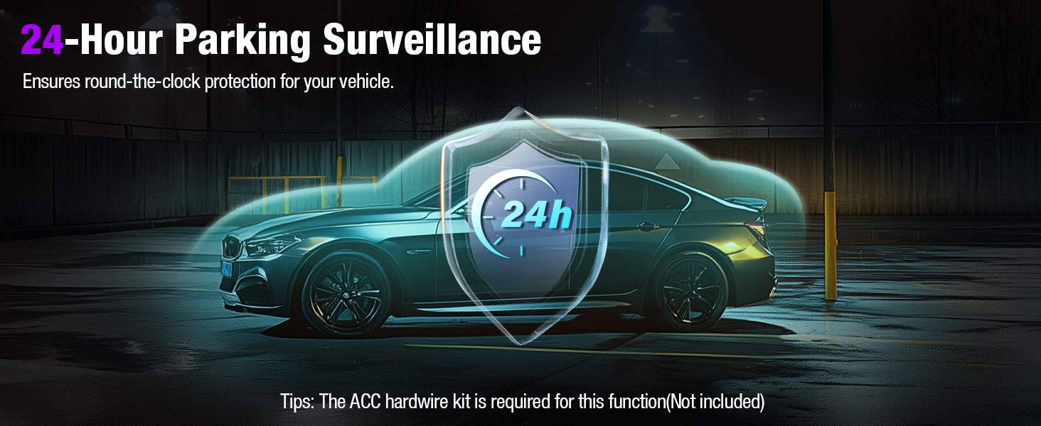 Tuisau J10 3-Channel Dash Cam 24-Hour Parking Surveillance graphic with parked car silhouette under shield icon – round-the-clock vehicle protection.