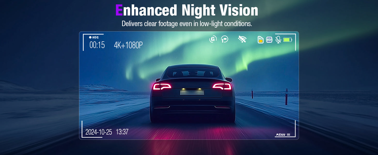 Tuisau J10 3-Channel Dash Cam Enhanced Night Vision screenshot showing clear 4K+1080P low-light footage with WDR overlay.