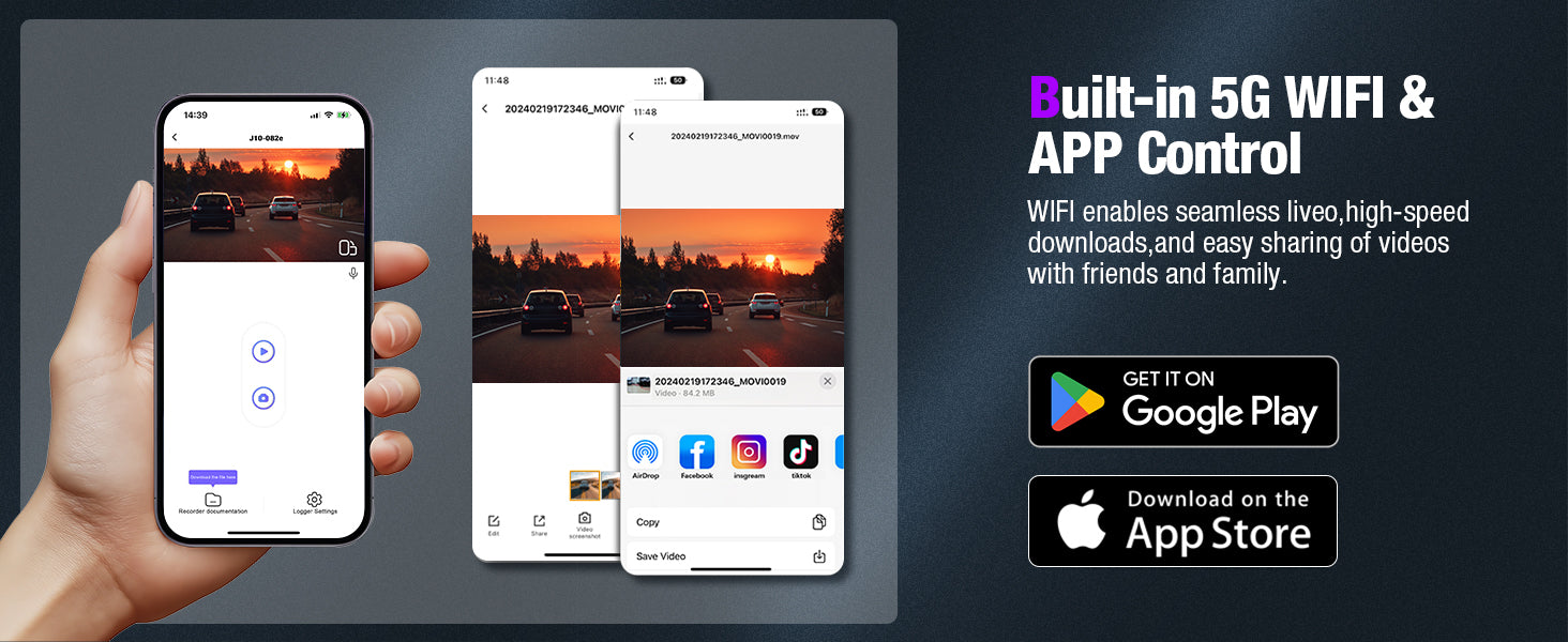 Tuisau J10 Built-in 5G WiFi & App Control image displaying smartphone live preview, high-speed video download, and easy social media sharing.