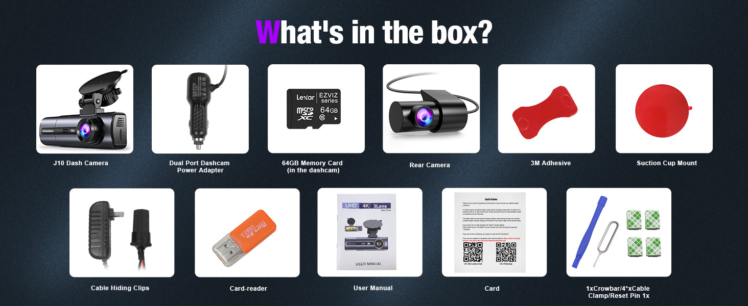 Tuisau J10 Dash Cam What’s in the Box layout showing included dash camera, dual-port power adapter, 64GB memory card, rear camera, adhesive mounts, suction cup, cable clips, card reader, user manual, and accessories.